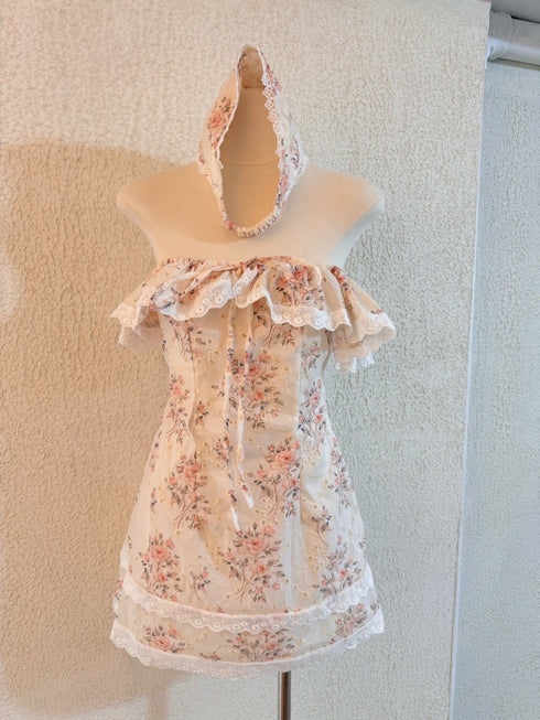 Women Ruffle Off-Shoulder Lace Border Floral Mini Dress with Cute Hairband